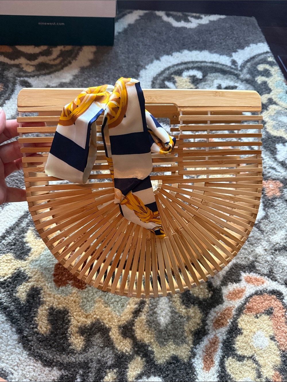 Half-Moon Bamboo Handbag with Navy & Yellow Scarf Accent